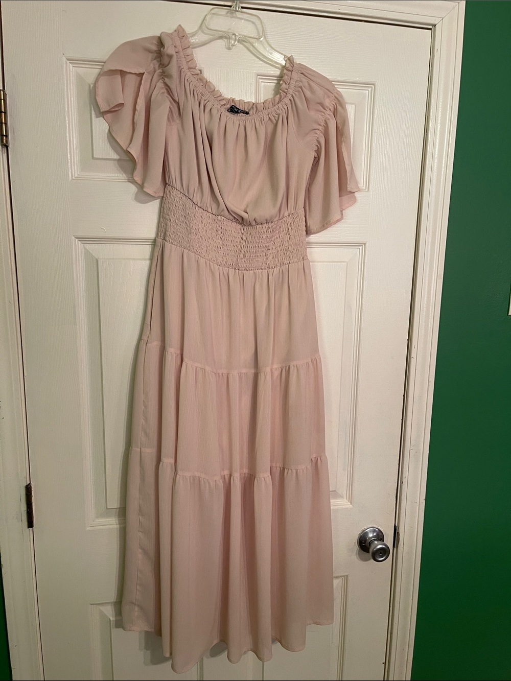 Smocked Waist Blush Pink Maxi Dress with Flutter Sleeves